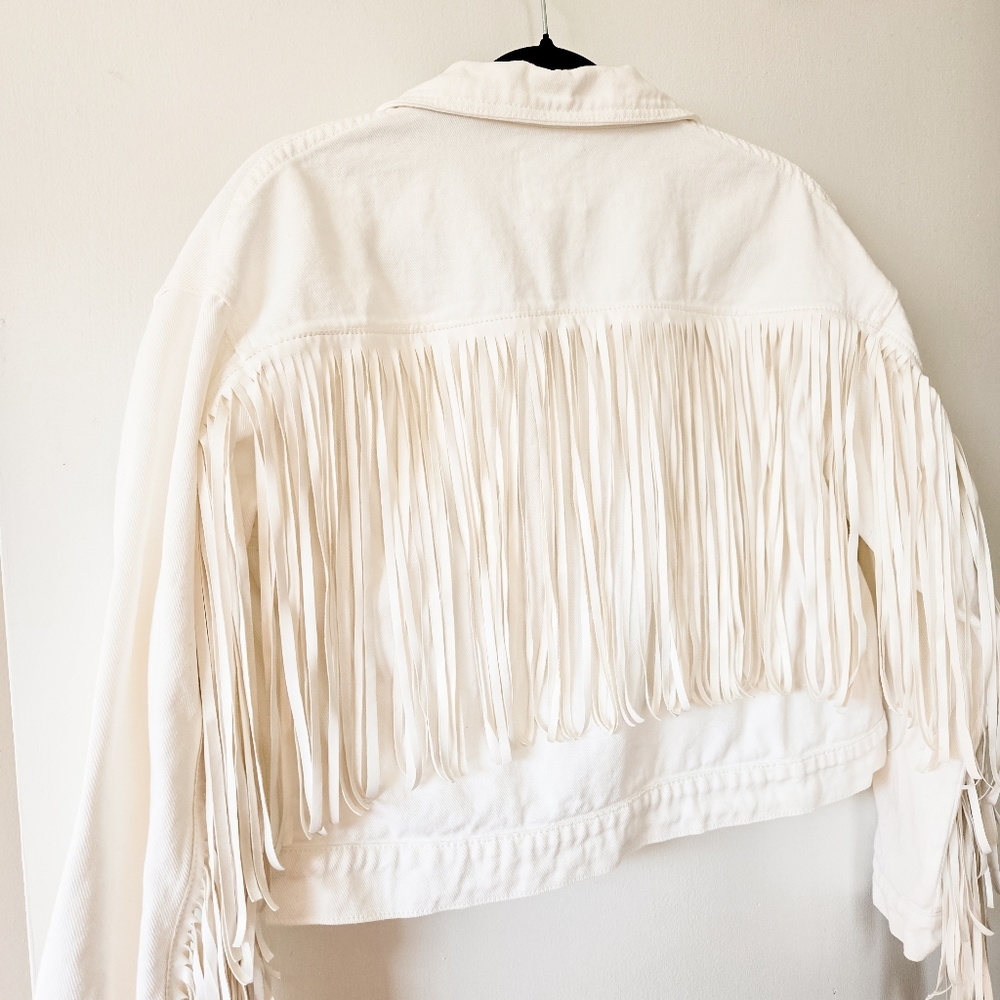 Faux Leather Fringe White Denim Oversized Cropped Boho Summer Festival Jacket